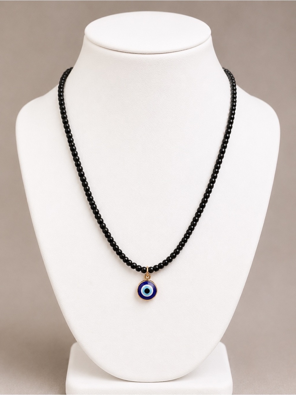 Black Beaded Necklace with Blue Evil Eye Pendant - Picture 1 of 1